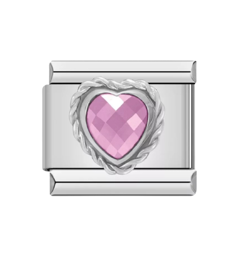 Pink CZ Heart Italian CharmLink, Stainless Steel