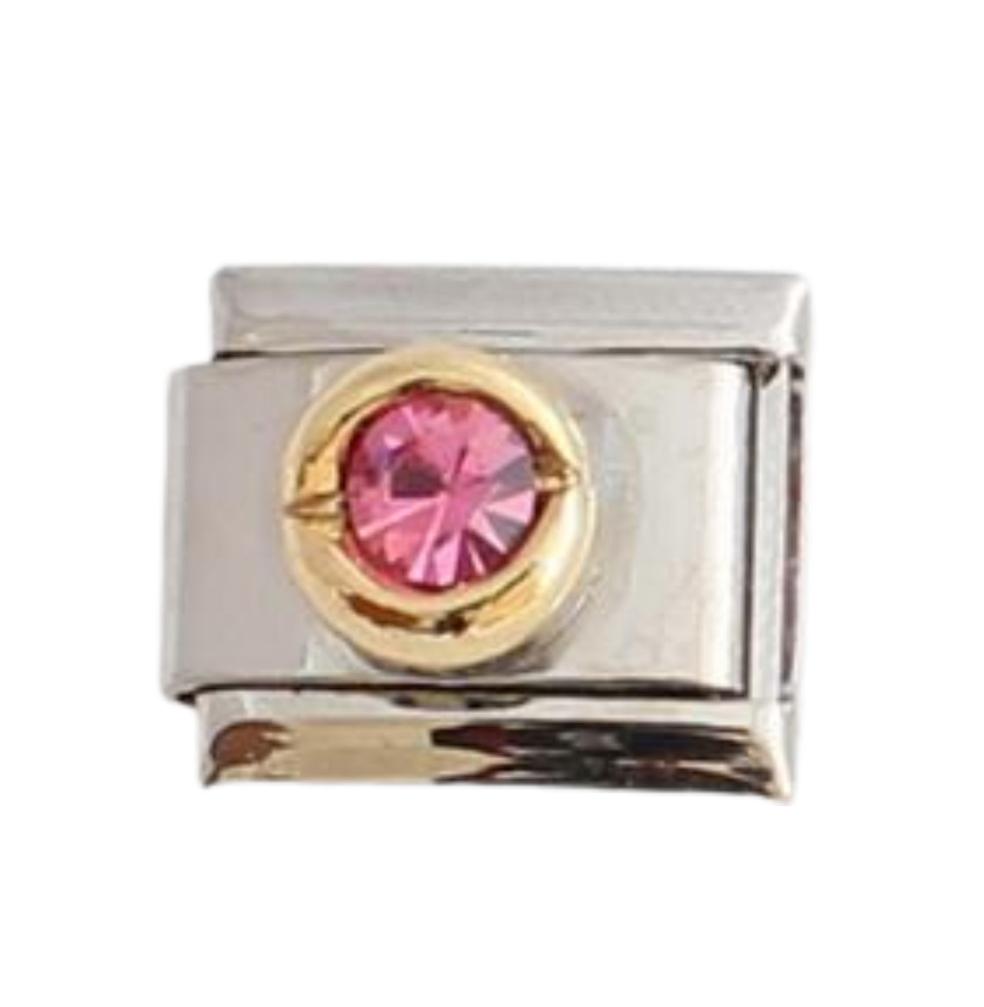 Stainless Steel Pink (October) CZ Stone Italian Charm Link