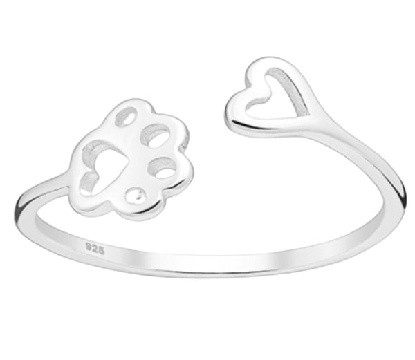 925 Sterling Silver Adjustable Heart and Paw Ring