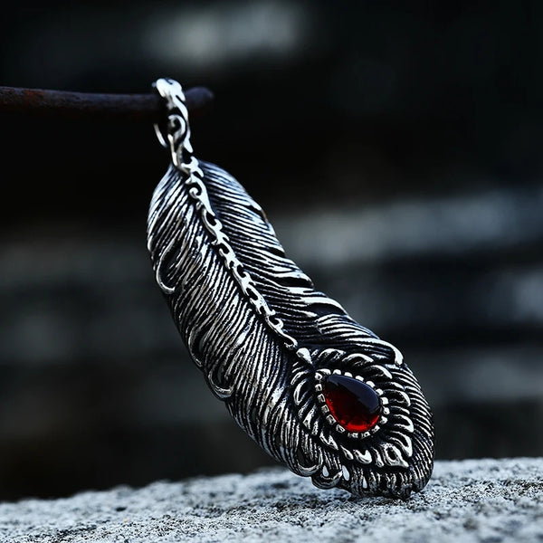 Feather with Red CZ Necklace