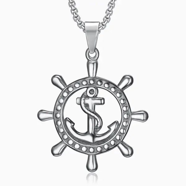 Stainless Steel Ships Wheel Anchor Pendant Necklace