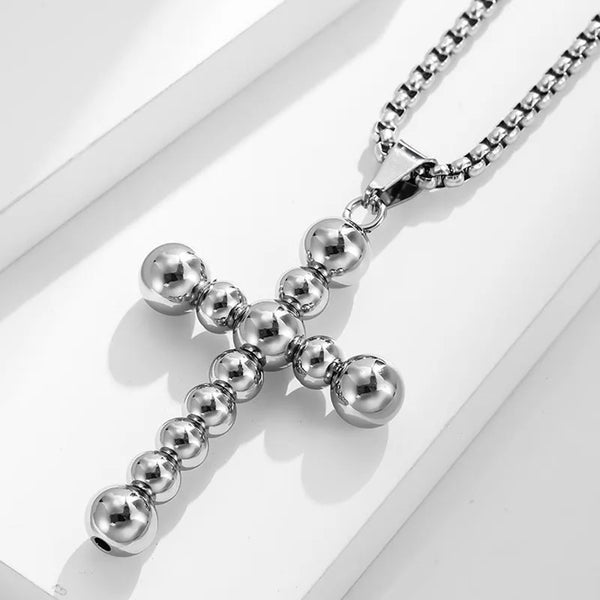 Stainless Steel Beaded Cross Pendant Necklace