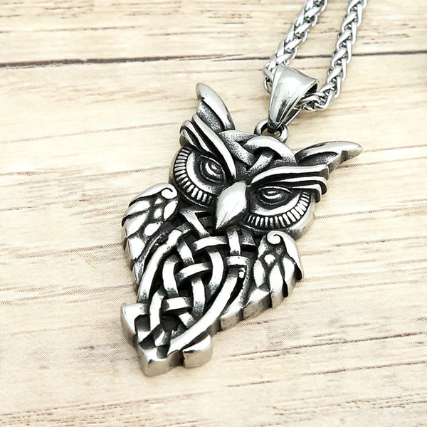 Stainless Steel Celtic Owl Pendant Necklace