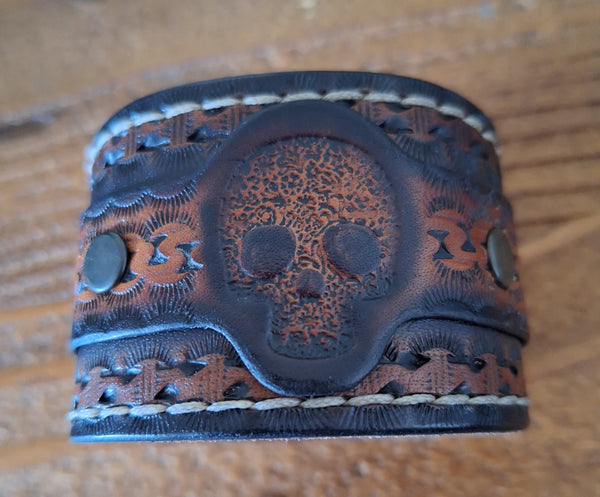 Genuine Leather Handmade Sugar Skull Cuff Bracelet