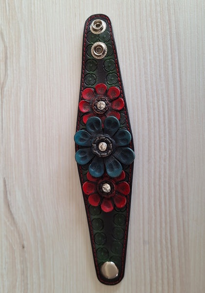 Genuine Leather Handcrafted Two Tone Daisy with CZ Cuff Bracelet