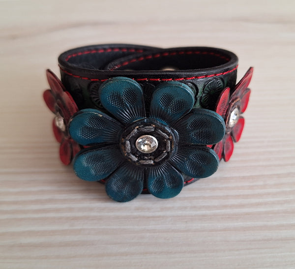 Genuine Leather Handcrafted Two Tone Daisy with CZ Cuff Bracelet