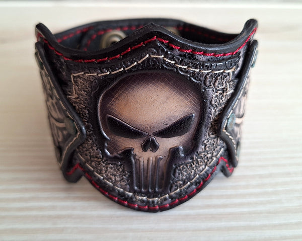 Genuine Leather Handcrafted Foral Punisher Cuff Bracelet