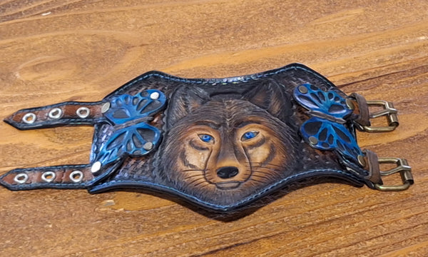 Genuine Leather Handcrafted Custom Wolf Butterfly Cuff Bracelet