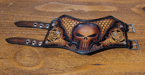 Genuine Leather Tooled Handcrafted Custom Punisher Cuff Bracelet