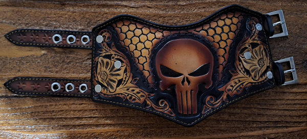 Genuine Leather Tooled Handcrafted Custom Punisher Cuff Bracelet