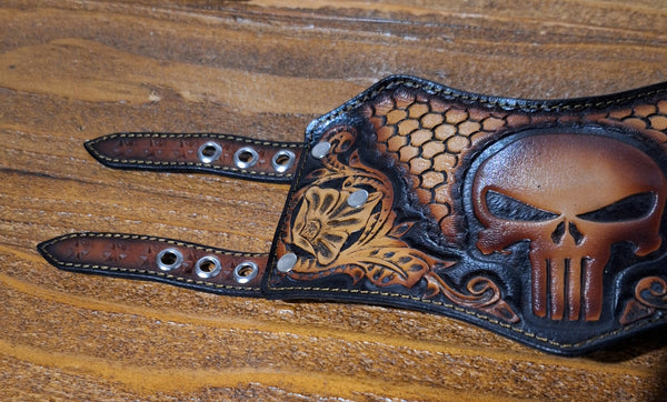 Genuine Leather Tooled Handcrafted Custom Punisher Cuff Bracelet