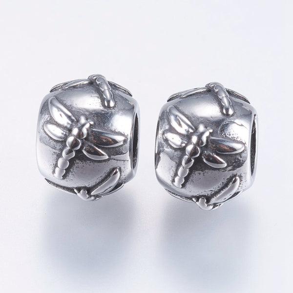 Stainless Steel European Beads, Large Hole Beads, Rondelle with Dragonfly, Antique Silver