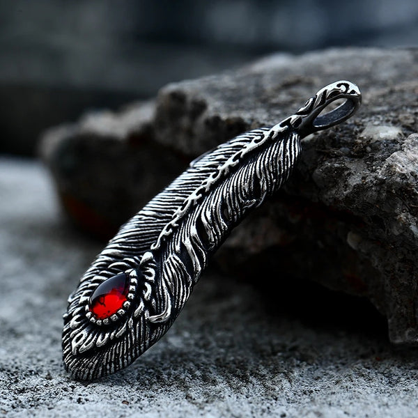 Feather with Red CZ Necklace