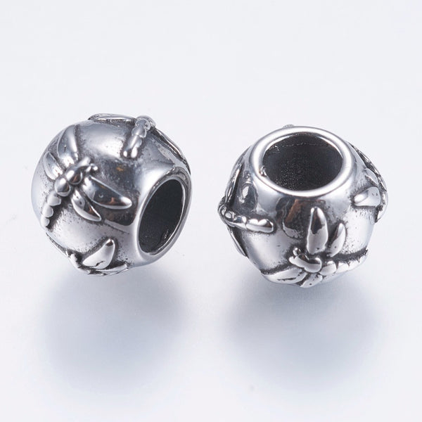 Stainless Steel European Beads, Large Hole Beads, Rondelle with Dragonfly, Antique Silver