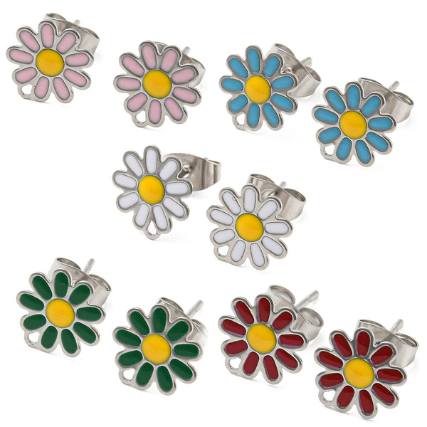Stainless Steel Stud Earrings, Daisy Flower, 10mm