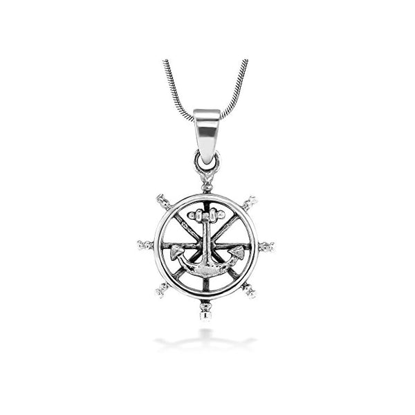 Sterling Silver Anchor Wheel Pendant Necklace