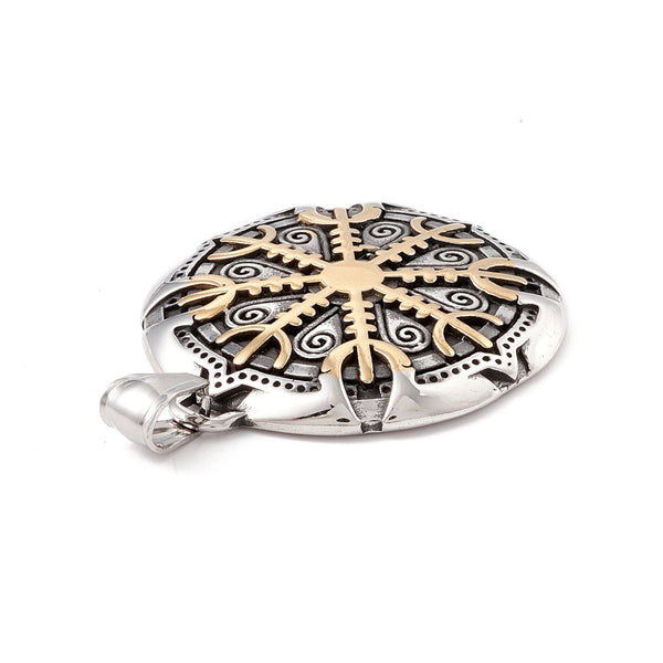 Viking Helm of Awe Necklace, Men Stainless Steel Aegishjalmur Symbol Pendant Keel Chain, Norse Viking Mix Gold Color Rune Amulet Gift