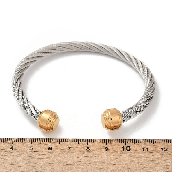 Stainless Steel Twisted Wire Cuff with Gold Ends