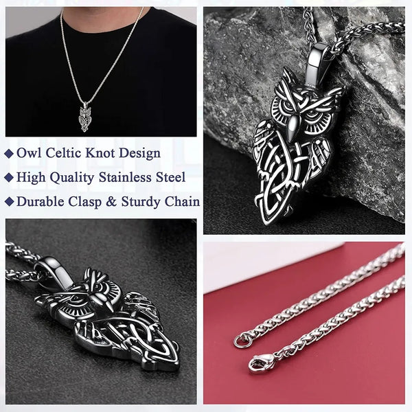 Stainless Steel Celtic Owl Pendant Necklace