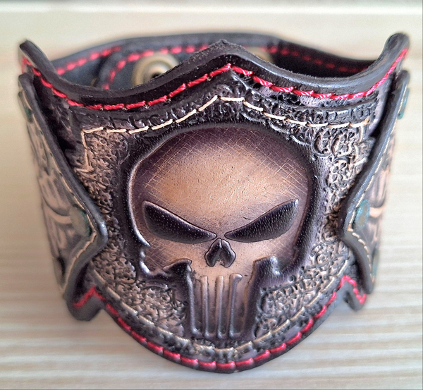 Genuine Leather Handcrafted Foral Punisher Cuff Bracelet