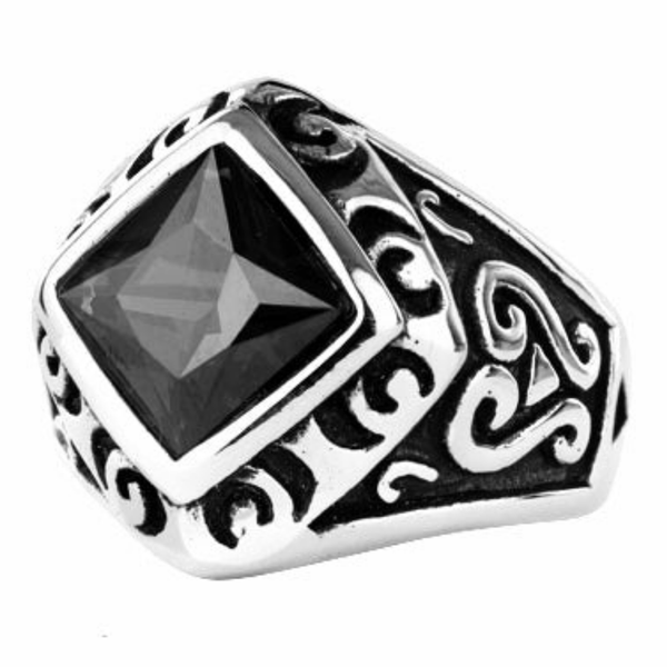 Stainless Steel Diamand Shaped Ring with Black CZ