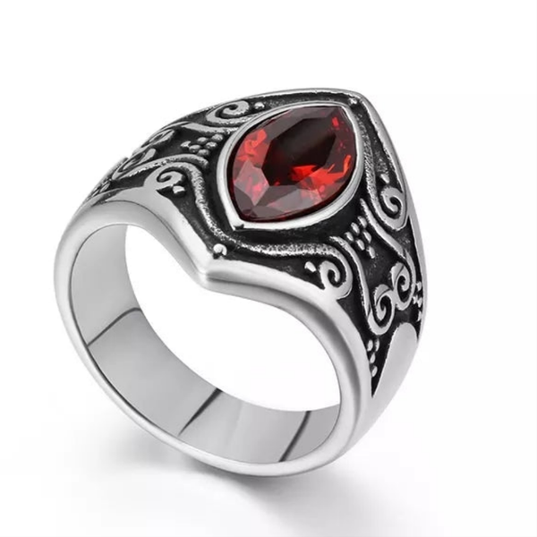 Stainless Steel Red Stone Carved Ring