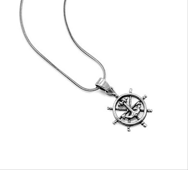 Sterling Silver Anchor Wheel Pendant Necklace