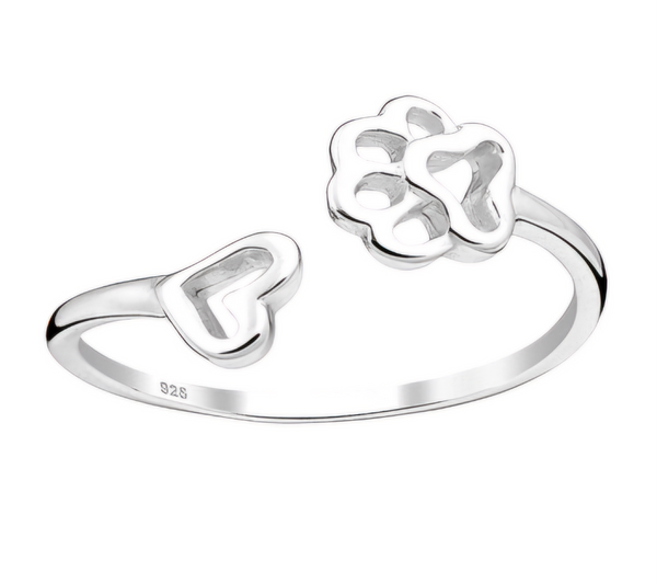 925 Sterling Silver Adjustable Heart and Paw Ring