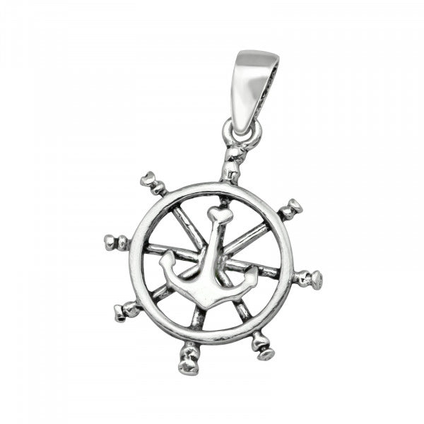 Sterling Silver Anchor Wheel Pendant Necklace