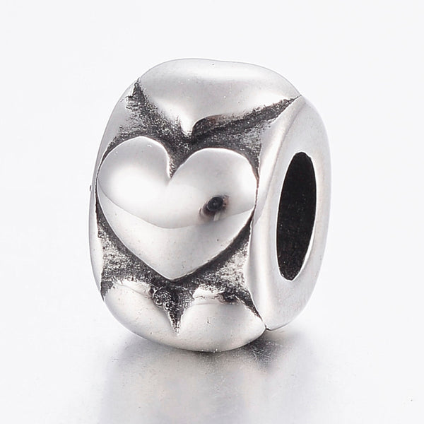 Stainless Steel European Beads Rondelle with Hearts Charm