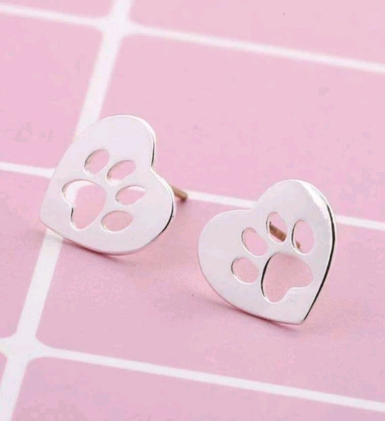 Stainless Steel Heart with Paw Print Stud Earrings