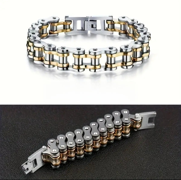 Stainless Steel Silver & Gold 12mm Motorcycle Chain Bracelet