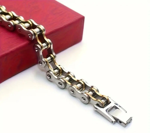 Stainless Steel Silver & Gold 12mm Motorcycle Chain Bracelet