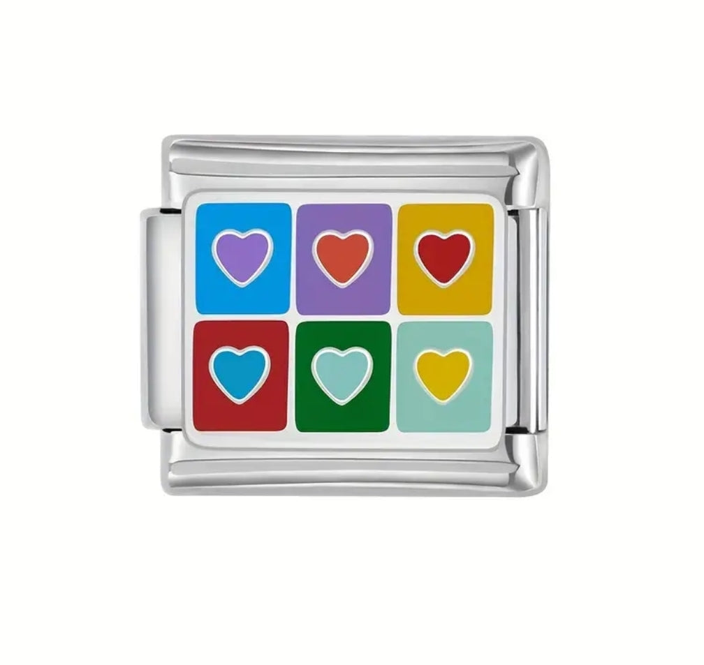 Multi Hearts Italian Charm Link, Stainless Steel