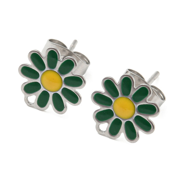 Stainless Steel Stud Earrings, Daisy Flower, 10mm