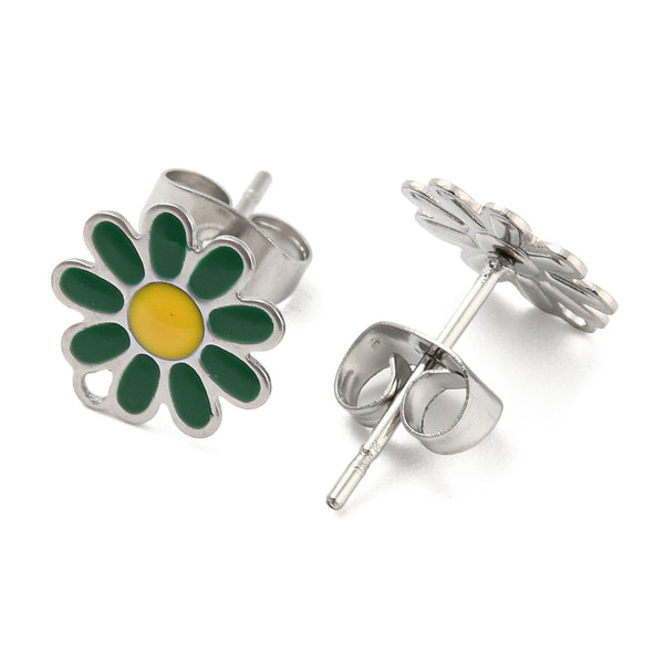 Stainless Steel Stud Earrings, Daisy Flower, 10mm