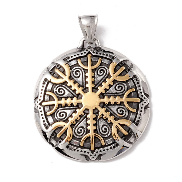 Viking Helm of Awe Necklace, Men Stainless Steel Aegishjalmur Symbol Pendant Keel Chain, Norse Viking Mix Gold Color Rune Amulet Gift