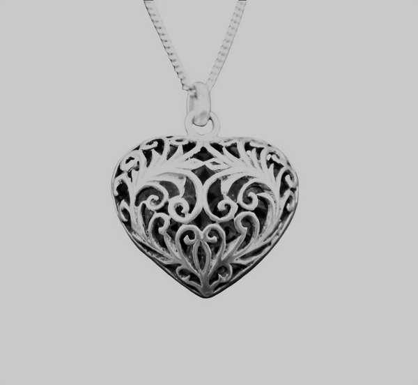 Sterling Silver Filigree Dome Heart Pendant Necklace