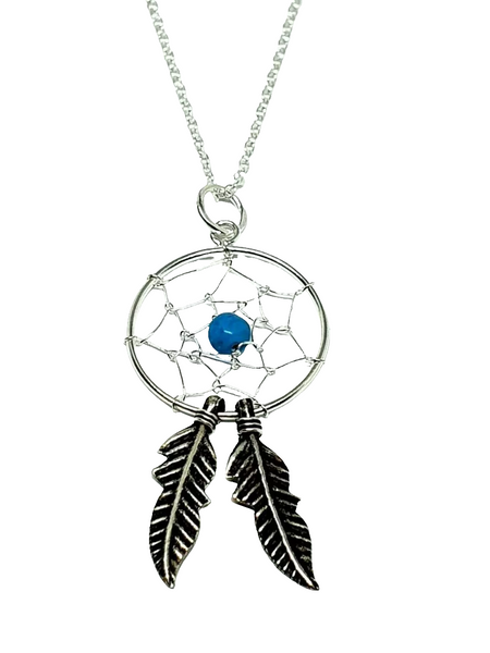 Dream Catcher Pendant Necklace Turquoise Bead Feathers 925 Sterling Silver