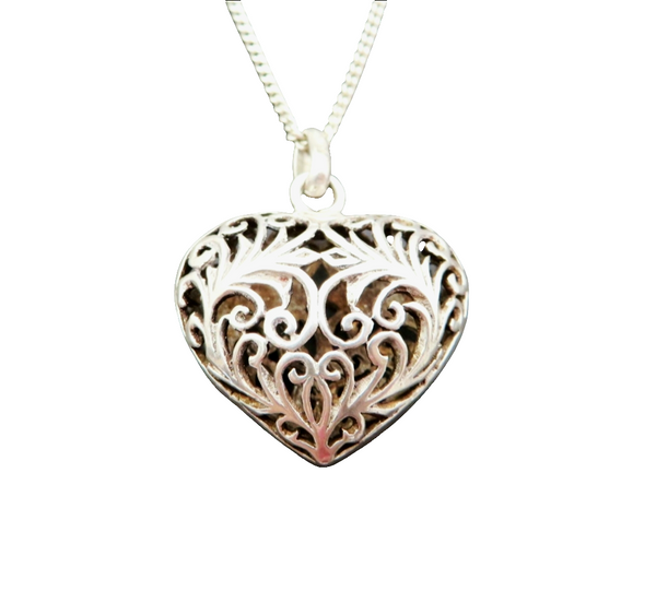 Sterling Silver Filigree Dome Heart Pendant Necklace