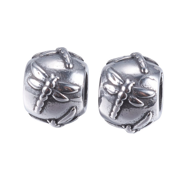 Stainless Steel European Beads, Large Hole Beads, Rondelle with Dragonfly, Antique Silver