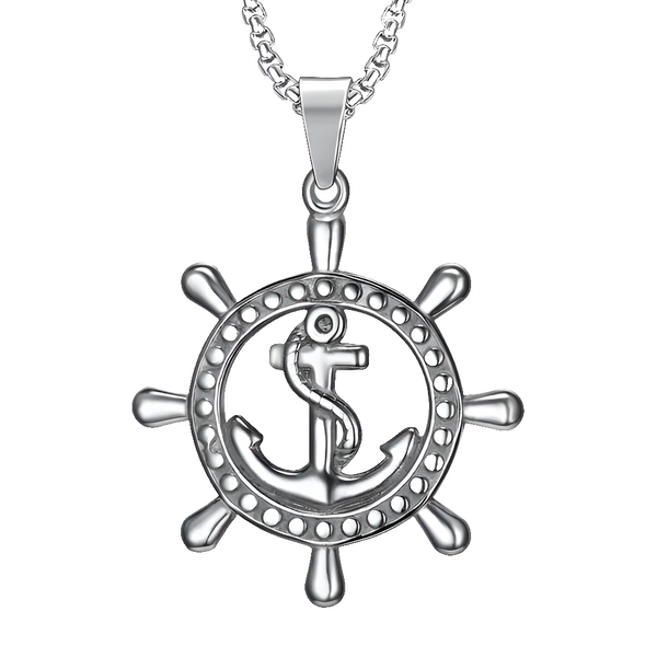 Stainless Steel Ships Wheel Anchor Pendant Necklace