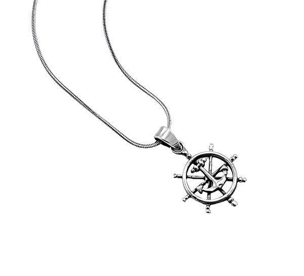 Sterling Silver Anchor Wheel Pendant Necklace