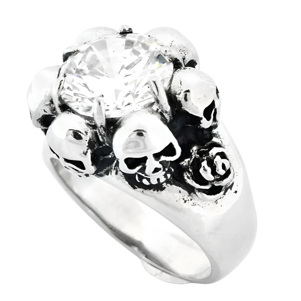 Stainless Steel Skulls and Rose around CZ Ring