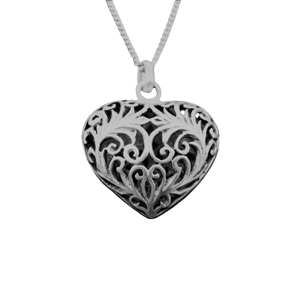 Sterling Silver Filigree Dome Heart Pendant Necklace