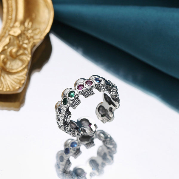 925 Sterling Silver Rhinestones Skull Open Cuff Rings