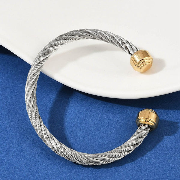 Stainless Steel Twisted Wire Cuff with Gold Ends