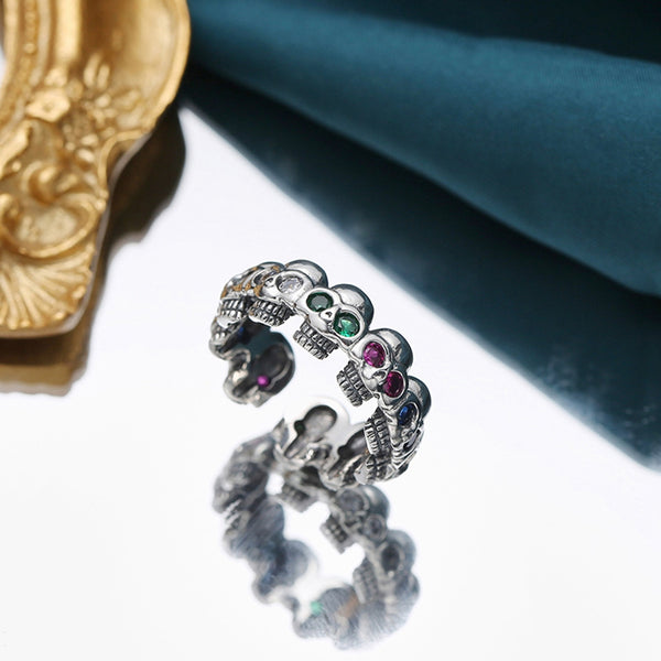 925 Sterling Silver Rhinestones Skull Open Cuff Rings