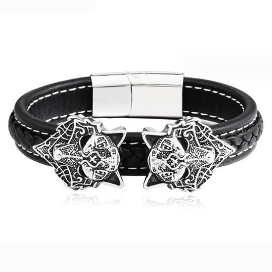 Double Viking Wolf Head Leather Bracelet