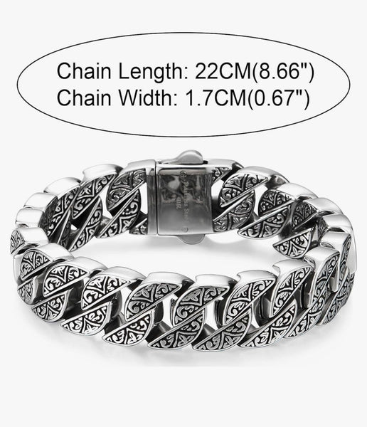 Sturdy and Large Stainless Steel Tribal Tattoo Pattern Fancy Curb Chain Bracelet for Men, Polished